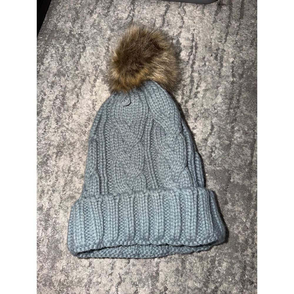 Faux Fur Pom Pom Cable Knit Beanie Hat – Gray Blue, Cuffed, Winter